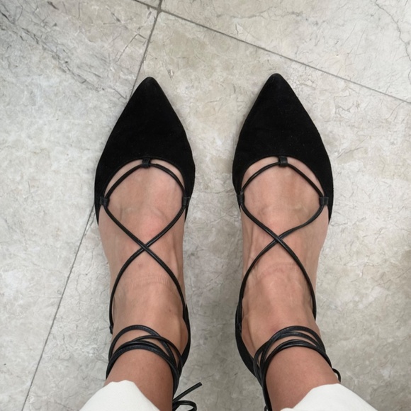 Stuart Weitzman Black Suede Lace Up Ballet Flats - Picture 4 of 8